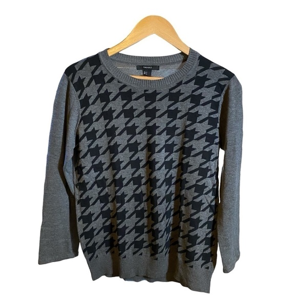 Forever 21 Sweater Women’s Crew-neck Grey-black Houndstooth Print Size L - Picture 12 of 12